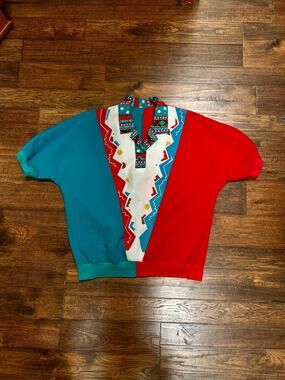 Vintage Color Block Blouse - Southwestern Dolman Sleeve Pullover - Large